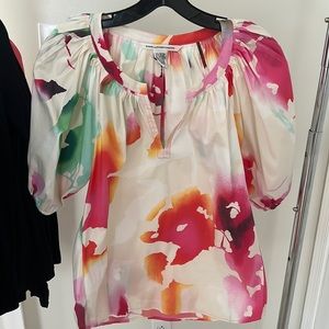 Diane Von Furstenberg Watercolor Floral Puff-Sleeve Blouse in Cream, Pink, Green